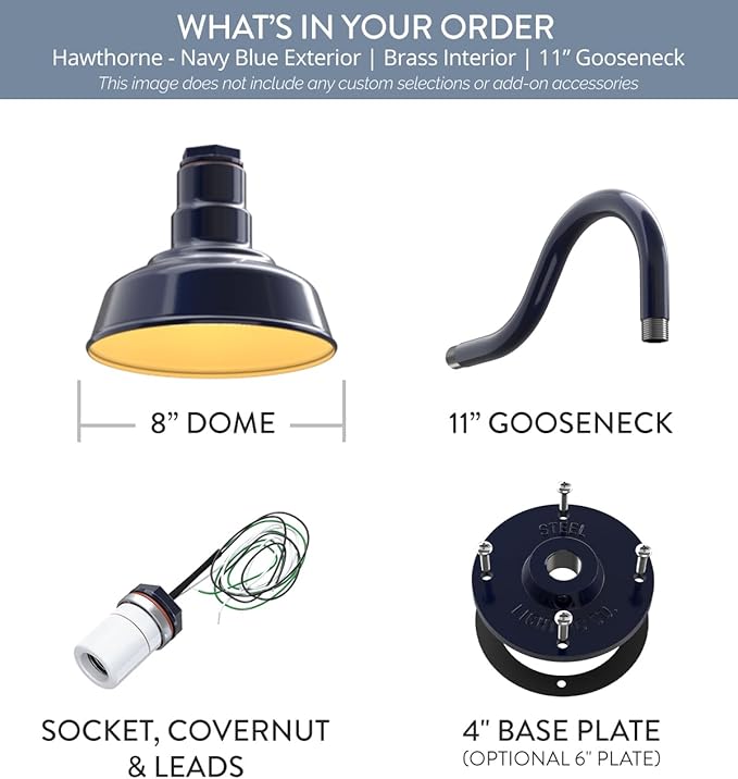 Steel Lighting Co. Hawthorne Barn Light | Outdoor Wall Mounted | 8 inch Dome | 11" Gooseneck | Small Farmhouse Light Made in America | Navy Blue Exterior/Brass Interior