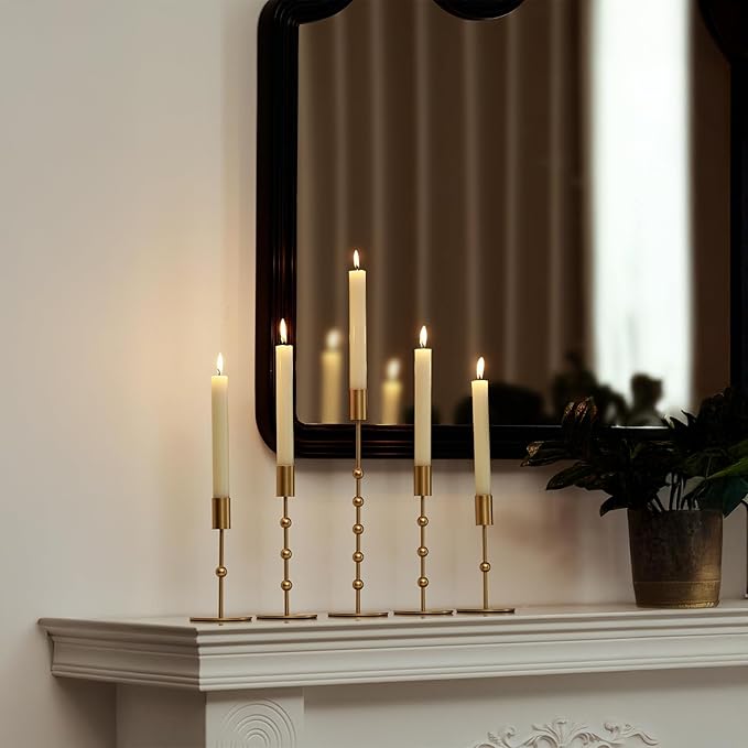 DN DECONATION Gold Candle Holders, Vintage Metal Beaded Taper Candlestick Holders Set of 3 for Wedding, Home Decor, Pillar Candle Sticks Holder Fall Decor for Halloween Table Centerpieces