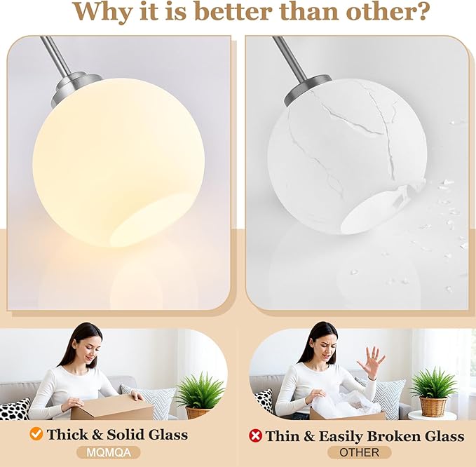 2 Pack 7.2-Inch Globe Pendant Lights, Mid Century Brushed Nickel Pendant Light Fixtures, Globe Pendant Lights Kitchen Island with Milk Glass Shade Hanging Fixture for Dining Room Bulbs not Included