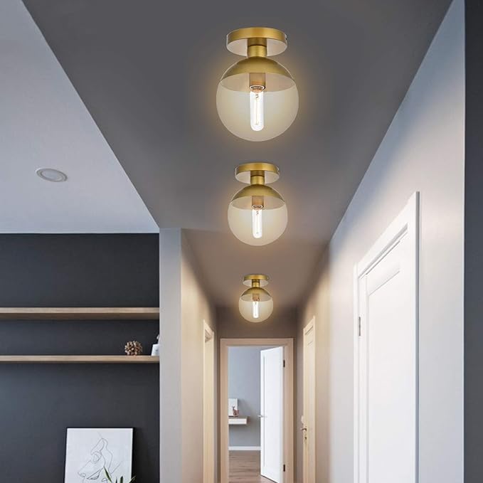 Modern Clear Glass Ceiling Light Fixture with 1-Light, Industrial Sphere Glass Chandelier Fitting, E26 LED Semi-Flush Mount Pendant Lights for Kitchen, Bedroom, Bar, Counter, Cafe (Brass)