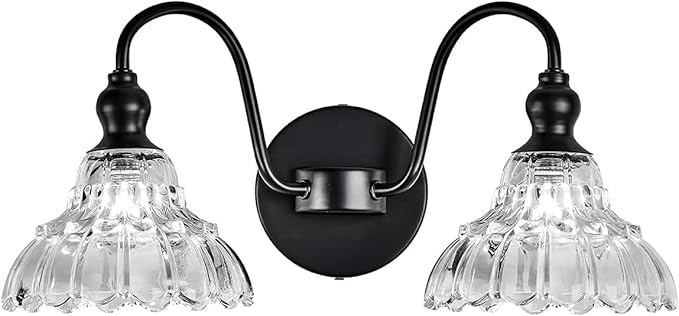 2-Light Modern Wall Sconce Black Wall Light Fixtures Made of Metal Body and Pressed Patterned Glass with Unique Design Vanity Light for Bedroom, Bathroom, Doorway, Farmhouse