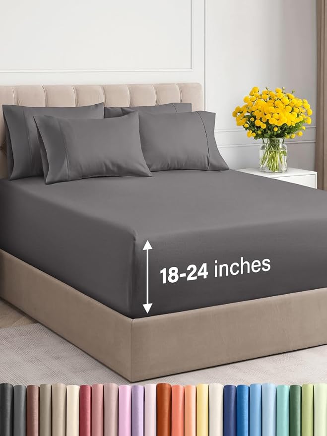 Extra Deep Full Sheet Set - 6 Piece Breathable and Cooling Sheets - Hotel Luxury Bed Sheets Set - Easy & Secure Fit - Soft, Wrinkle Free and Comfy Sheets Set - Grey Sheet Set with Extra Deep Pockets