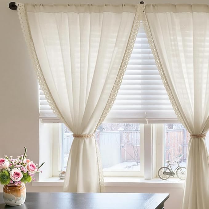 jinchan Linen Curtains for Living Room Bedroom Light Filtering Semi Sheer Curtains Boho Farmhouse French Country Cottage Core Decor Window Drapes Back Tab 72 Inch Length Laced Beige