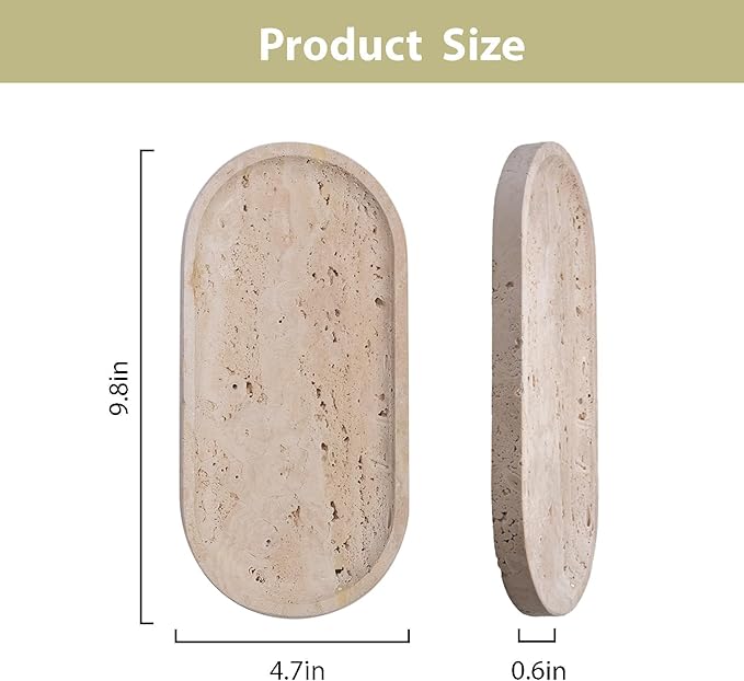 Beige Travertine Vanity Tray | Natural Stone Bathroom Organizer | Perfume & Jewelry Storage for Spa, Bedroom, Kitchen | Non-Slip Waterproof Design,9.8"x4.7"x0.6"