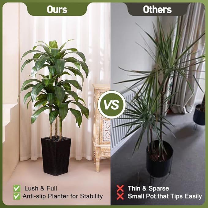 Artificial Dracaena Tree 5FT - Fake Tree with Black Taper Planter & Pebbles - UV Resistant Faux Yucca Tropical Plant - Artificial Trees for Home Office Living Room Decor Indoor Outdoor
