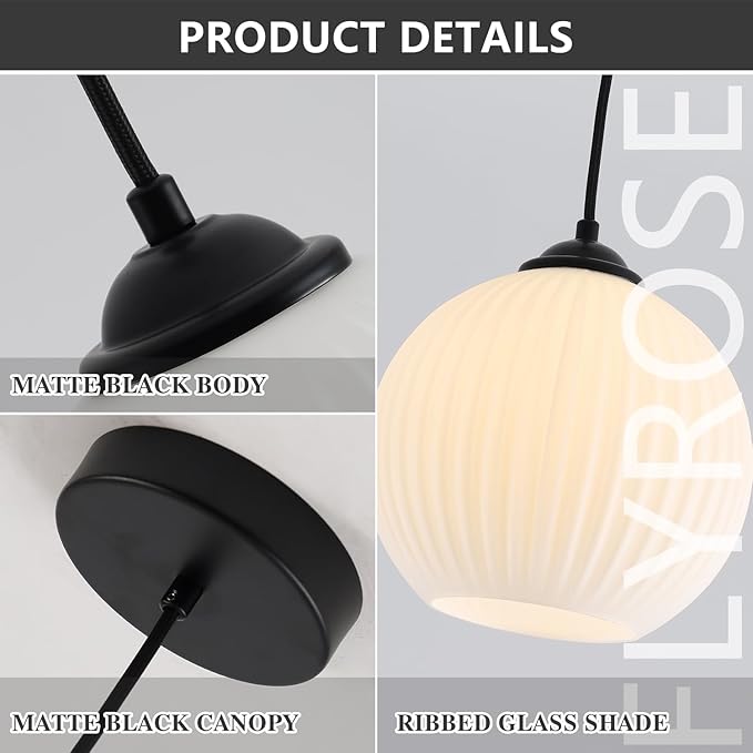 Small Milk Glass Globe Pendant Light Fixtures Black Farmhouse Pendant Lights Kitchen Island Mid Century Modern Hanging Lamp White Ribbed Glass Pendant Light