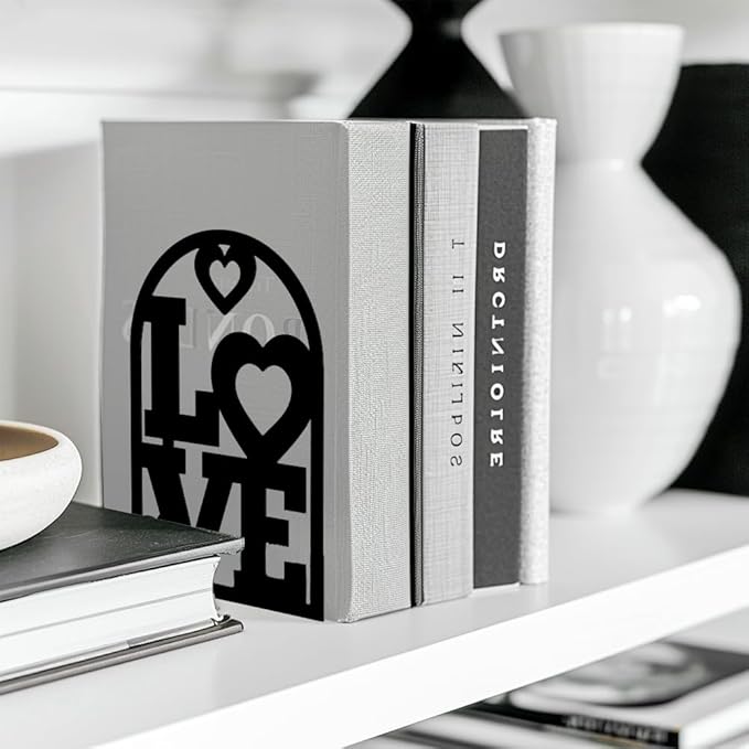 Peacoblue Metal Bookends for Shelves, Modern Decorative Heavy Duty Study Book Support Stoppers for Office, Desk, Shelf, Room 5.3"x4.3"x7.9" Cast Iron Simple Tall Bookends, 1 Pair (Love Heart)