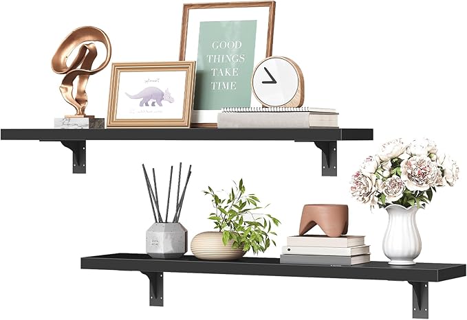HOOBRO Floating Shelves for Wall, 23.6" Wall Mounted Shelves Set of 2, Hanging Storage Shelf with Metal Brackets, Wooden Shelf for Living Room, Bedroom, Bathroom, Black BK62BJP201G1