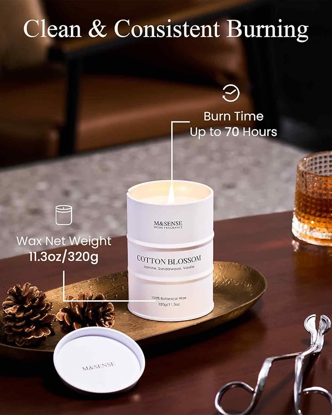 M&SENSE Cotton Blossom Scented Candles Natural Non Toxic, Aromatherapy Candle for Stress Relief Meditation Relaxing, Housewarming Gifts for Women Men, 11.3oz 70 Hour Long Burning