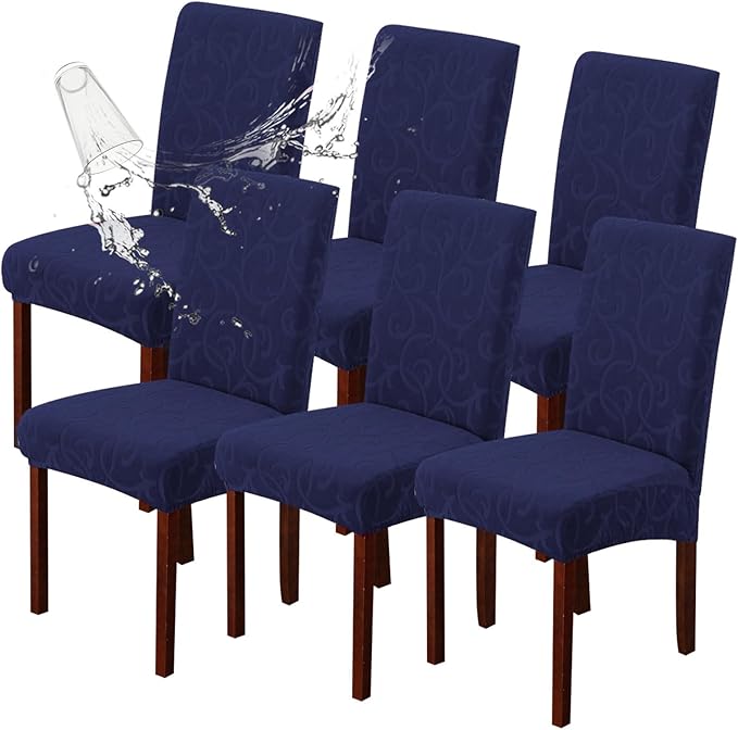 Genina Waterproof Dining Room Chair Covers Stretch Parsons Chair Slipcovers for Dining Room Kitchen Chair Protector Cover, Removable, Washable (6 Large, Flower Pattern-Navy)