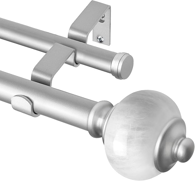 KAMANINA 1 Inch Silver Double Curtain Rods for Windows 66 to 120 Inches (5.5-10 Feet), Adjustable Heavy Duty Drapery Rod, Telescoping Dual Curtain Rod with Marble Ends