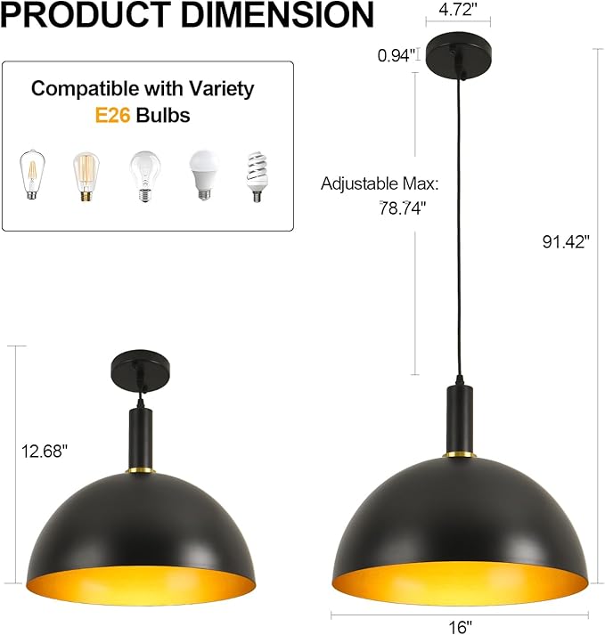 16" Black Pendant Lights Kitchen Island, Black and Gold Dome Pendant Lights, Modern Farmhouse Adjustable Large Industrial Metal Hanging Pendant Lighting for Kitchen Island, Dining Room, Cafe, Bar