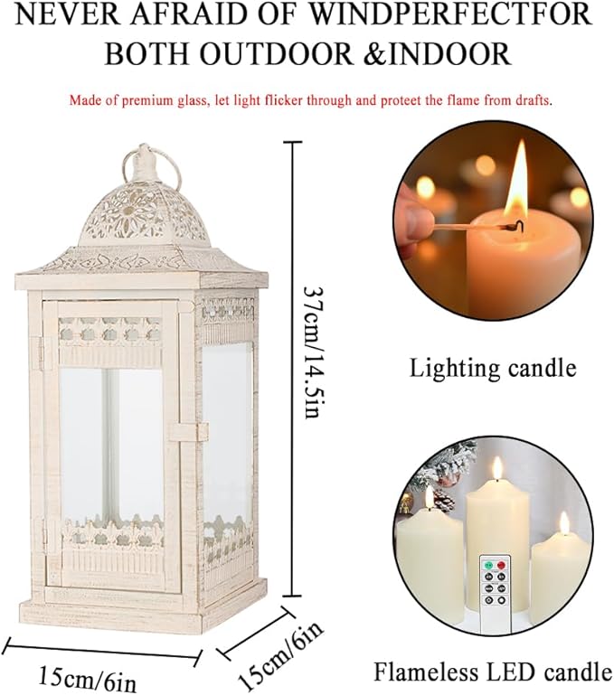 JHY DESIGN Decorative Candle Lanterns 14.5" High Vintage Style Hanging Lantern Metal Candleholder for Indoor Outdoor Events Parties and Weddings（Beige with Gold Brush）