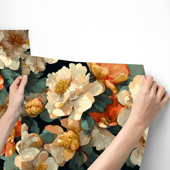 Removable Peel and Stick Wall Stickers 39.37x15.75 Inch Oversized Vintage Floral Cream Orange Blossoms Elegant Modern Style for Bedroom Living Room Studio Decor
