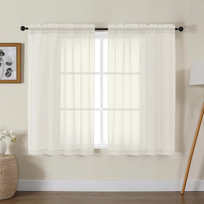 Gwine Ivory Sheer Curtains for Living Room 45 inches Long, Short Voile Light Filtering Window Treatments Sheer Curtains for Bedroom, Half Window Drapes with Rod Pocket, Each 42" Wx45 L
