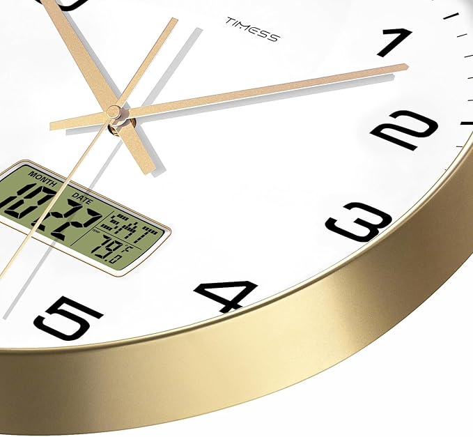 Wall Clock, 12" Dial Non-Ticking Silent Battery Operated Analog with LCD Display for Perpetual Calendar and F° Temperature, Ideal Modern Home, Bedroom, Kitchen, Office Decor (Gold)