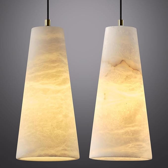 Alabaster Pendant Lights Kitchen Island,White Pendant Light Set of 2, Marble Shade Brass Cone Lighting Fixtures for Bedroom Bathroom Dining Room Living Room H-10in (Bulbs INCL)