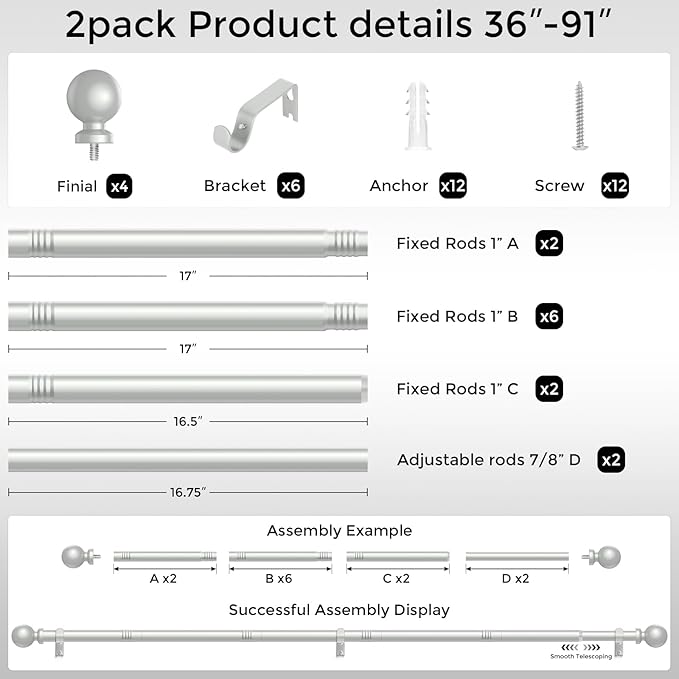 2 Pack Silver Curtain Rod, 1 Inch Adjustable Heavy Duty Curtain Rods for Windows 48 to 84 Inch, Decorative Modern Window Treatment Rods, Splicing Metal Drapery Pole, Easy Installation