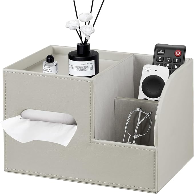 PU Leather Tissue Box Cover Square,Tissue Box Holder Organizer with Storage Tray and Remote Control Holder for Bathroom Countertop Night Stands Bedroom Office Desk,Napkin Caddy Decorative Grey