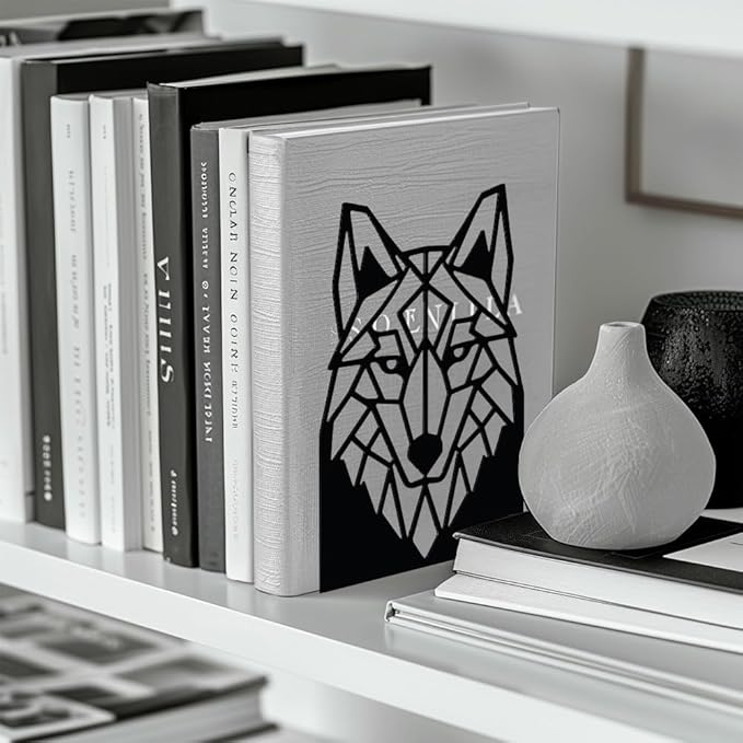 Peacoblue Metal Bookends for Shelves, Modern Decorative Heavy Duty Study Book Support Stoppers for Office, Desk, Shelf, Room 5.3"x4.3"x7.5" Cast Iron Simple Tall Bookends, 1 Pair (Geometric Wolf Head)