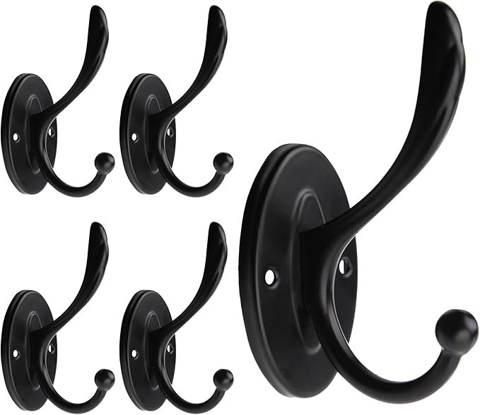 5pcs Black Coat Hooks Wall Mounted Coat Hooks Farmhouse Matte Black Wall Hooks with Screws Metal Matte Black Towel Hooks for Bathrooms Entryway Hooks for Hanging Coats, Keys, Hats, Scarves, Robe, Bags