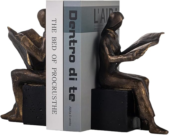 Lukitas Decorative Newspaper Reader Bookends, Heavy Duty Book Holder Non-Slip, Vintage Home Décor Accessories for Study Office Bookshelf, Bronze, Resin, 1Pair/2Piece 8''