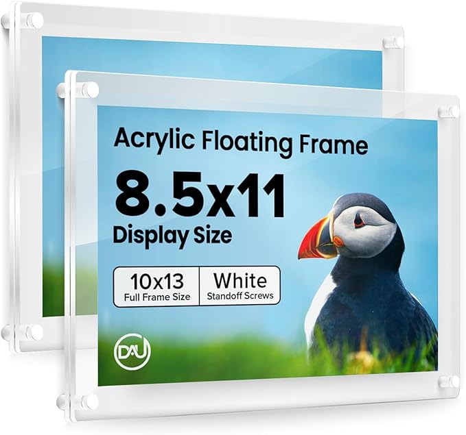 Acrylic Floating Frames White Standoffs (2-pack) 8.5" x 11" Clear Acrylic Frames for Wall Mount Floating Picture Frame, Diploma Poster Certificate Hanging Photo Display Degree Prints Artwork Documents