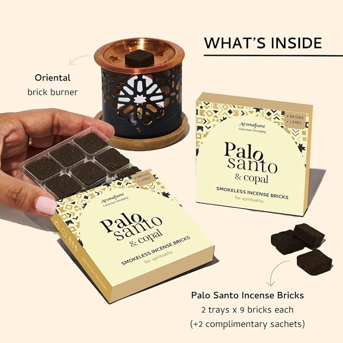 Palo Santo & Copal Smokeless Incense Bricks & Oriental Burner | 2 x 9 Bricks | Aromatherapy | Smudging | Made with Essential Oils | Natural Air fresheners for Home | Spiritual Meditation Accessories