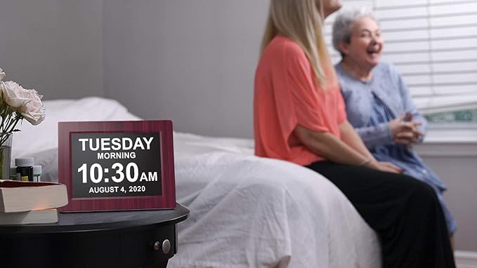 American Lifetime, Upgraded Version, Day Clock Extra Large Impaired Vision Digital Clock with Battery Backup and 5 Alarm Options, Premium Mahogany Color, 8 inch