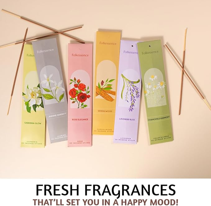 Folkulture Incense Sticks with Holder– Set of 6 (120 Sticks) | Organic, Non-Toxic, 45-Mins Burn Time | Sandalwood, Lavender, Rose, Chamomile & Jasmine Floral Insence- Sticks for Home & Room Fragrance
