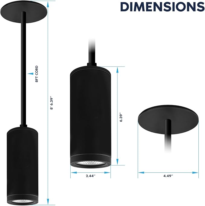 LUXRITE 2.5-Inch LED Cylinder Pendant Light with 8FT Surface Mount Cable, 5CCT 2700K-5000K Selectable, CRI90, 1100LM, 15W, TRIAC/0-10V Dimmable, Universal Voltage 120V-277V, IC Rated ETL, Black Finish