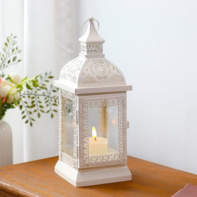 TRIROCKS Rustic Style Metal Candle Lantern 13'' High Decorative Outdoor Lantern Candle Holder with Tempered Glass for Home Living Room Garden Patio Parties Indoors Outdoors (Cream)