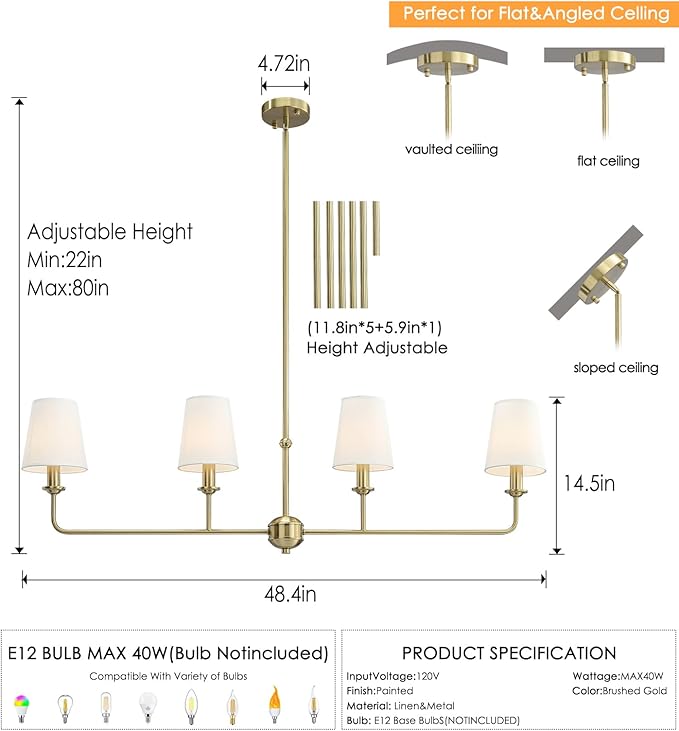 4-Light Brushed Gold Chandelier, Height Adjustable Island Dining Room Light with White Fabric Shades, E12 Base, Farmhouse & Industrial Style for Kitchen Living Room