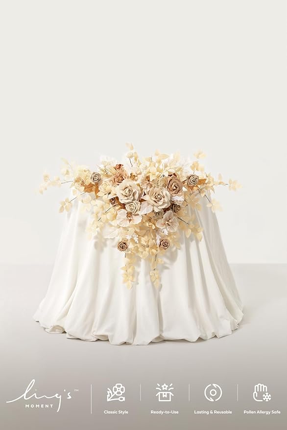 Ling's moment 2PCS White & Beige Artificial Flower Garland Floral Swags Table Centerpieces Wedding Decoration Rose Garlands Greenery Arrangements for Sweetheart/Head Table Decor