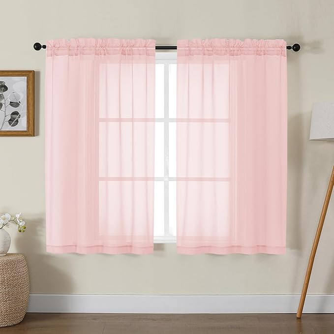 Gwine Blush Pink Sheer Curtains for Living Room 45 inches Long, Short Voile Light Filtering Window Treatments Sheer Curtains for Bedroom, Half Window Drapes with Rod Pocket, Each 42" Wx45 L