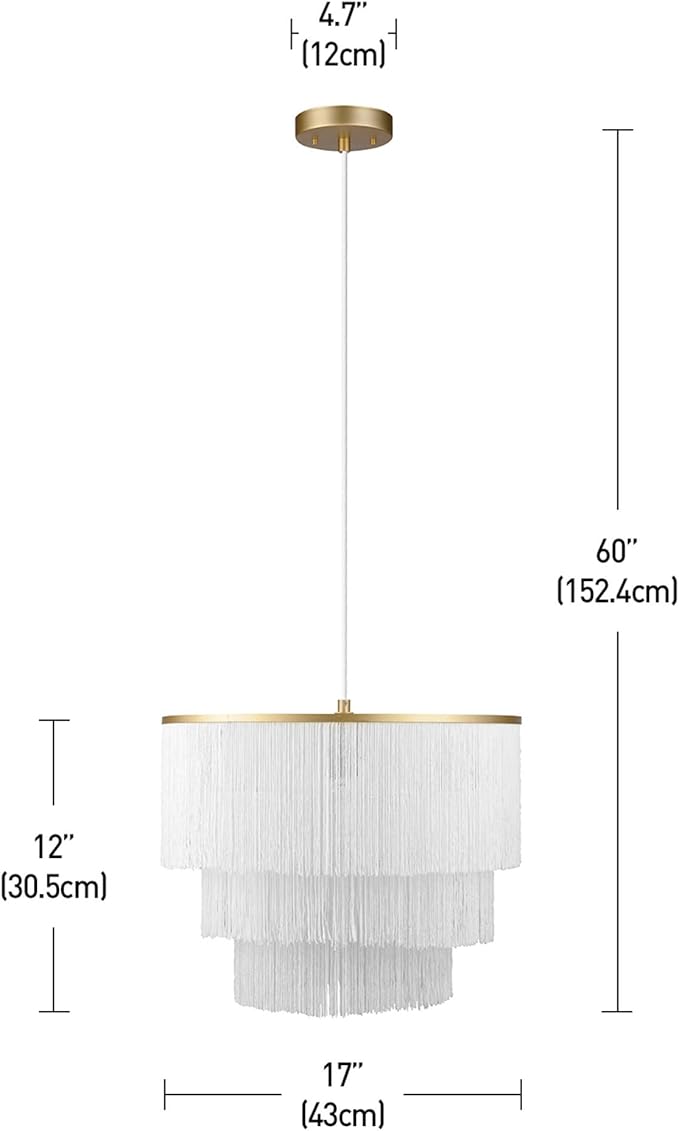 GLOBE Electric x Novogratz 61093 1-Light Pendant Light Fixture, Matte Gold, White Fabric Fringe Shade, Living Room Pendant Light, Dining Room Fixture, Hanging Lights for Bedroom, Hygge Lighting