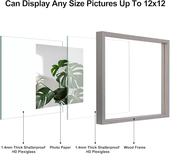 Egofine 12x12 Floating Frames Set of 2, Double Plexiglass Picture Frame, Made of Solid Wood Display Any Size Photos up to 12x12, Wall Mount or Tabletop Standing, Light Grey