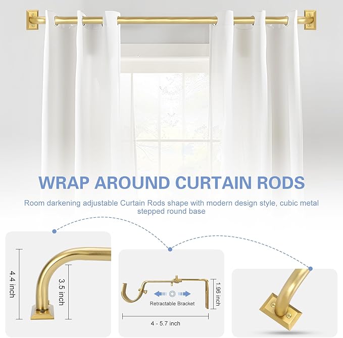 Gold Wrap Around Curtain Rods 2 Pack:Blackout Heavy Duty Adjustable Window Curtain Rod for Bedroom Kitchen,Modern Decorative Curved French Metal Drapery Rods Easy Install,Brushed Gold 48-90"