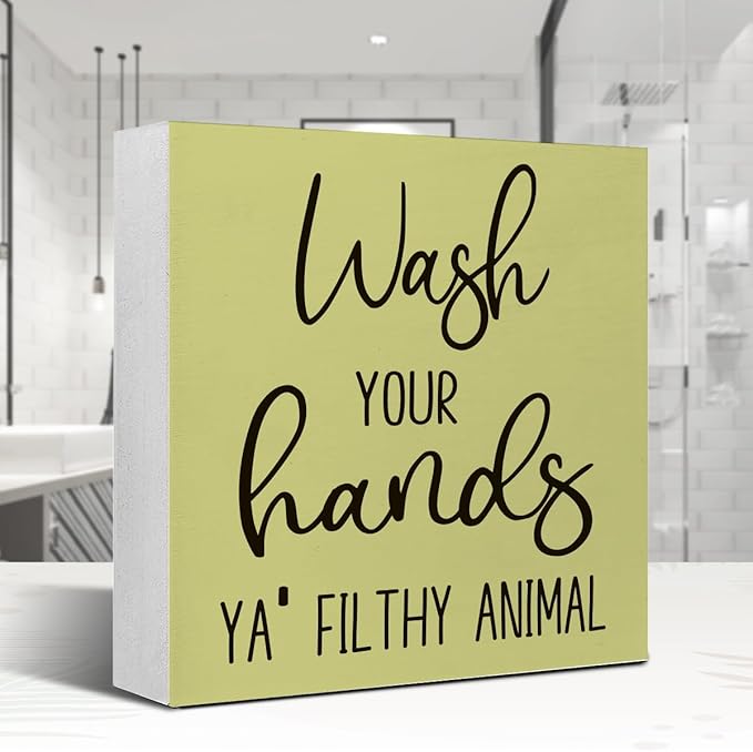 LVQHI Funny Bathroom Wood Block Signs,Wash Your Hands YA' Filthy Animal Wooden Box Sign for Bathroom Shelf Toilet Restroom Home Tabletop Desk Decor,Rustic Bathroom Sign Decor Green