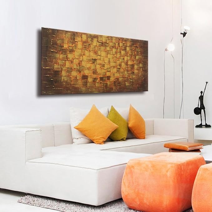 MyArton Textured Abstract Squares Canvas Wall Art Hand Painted Modern Golden Yellow Oil Painting for Decoration Ready to Hang 48x24inch