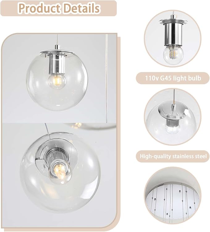 H138 LED Staircase Chandelier 15-Lights Glass Globe Pendant Light Large Chandeliers for High Ceilings, Entryway Modern Lighting Fixture Villas and Stairs
