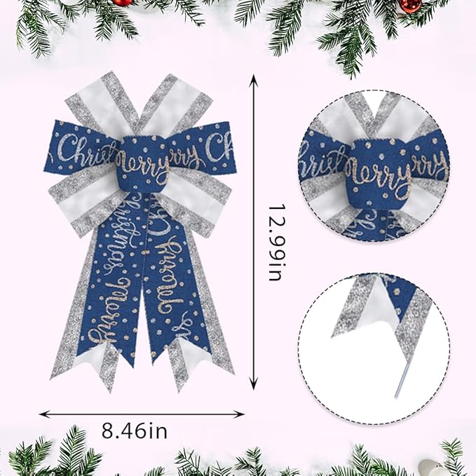 ABTOLS 2PCS Christmas Wreath Bows, Sliver Glitter Bows for Wreath Xmas Dot Decor Bow for Front Door Blue Tree Topper Bows for Winter New Year Wall Ornaments Home Indoor Outdoor Decor