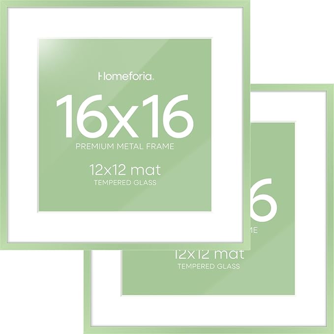 Homeforia 16x16 Picture Frame Sage Green, High End Metal 16 x 16 Square Poster Frames with Mat 12 x 12 Photo, 16x16 Frame Matted to 12x12 Art, 16by16 Hanging Frames, Tempered Glass, Wall Kit, Set of 2