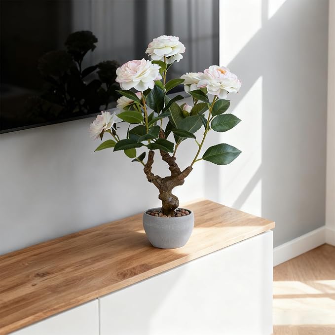 TOARTi Artificial Camellia Potted Plant with Stone Pot, 20" Tall Fake Potted Flowers Faux Desk Plant, Realistic Decorative Plants Indoor Decor for for Home Bedroom Bathroom Office Desk