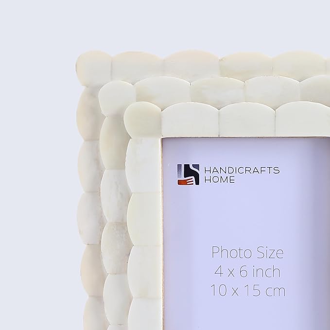 Handicrafts Home Scalloped Art Inspired Bone Inlay Handmade 4x6 Picture Frame - Small Photo Frame for Wall Hanging, Desk Decor & Living Room Wall Decor - Farmhouse & Home Decor Gift Frame, White