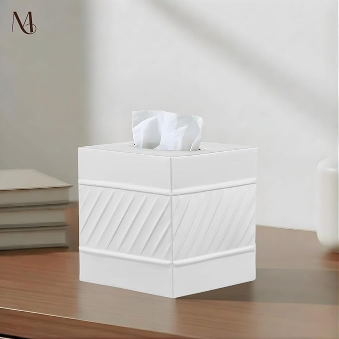Monarch Abode Tissue Box Cover Square – Handcrafted Wave Embossed White Metal Tissue Holder Box for Bathroom Accessory, Aesthetic Decorative Facial Napkin Cube for Modern Home Decor