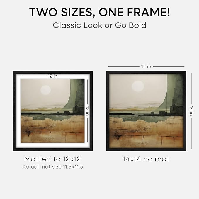 Homeforia 14x14 Black Wood Frame, High End Oak 14 x 14 Square Picture Frames with Mat 12 by 12 inches Photo, 14by14 Black Wooden Poster Frames Matted to 12x12 Print, Tempered Glass, Wall Kit, Set of 2