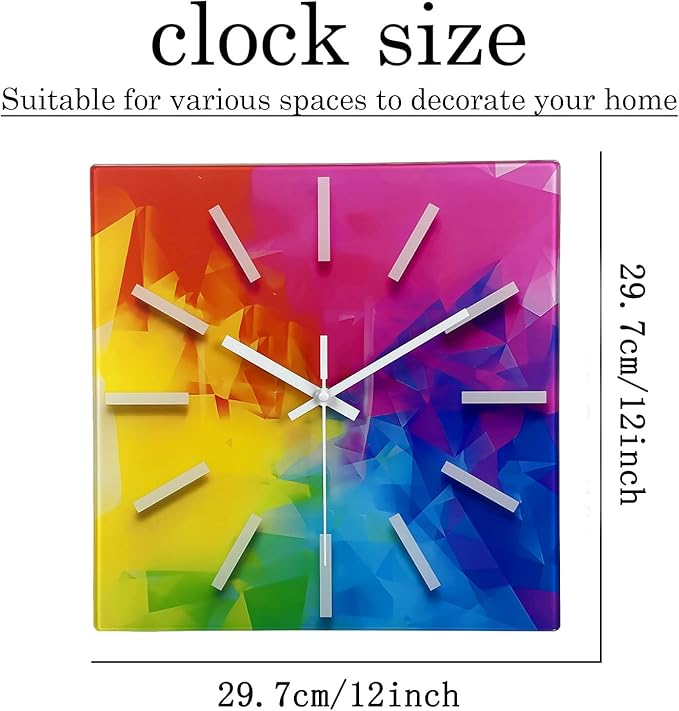 Square Glass Wall Clock Silent Analog Wall Clocks Battery Operated 12 Inch Colorful Wall Clock for Bedroom Living Room Office Classroom