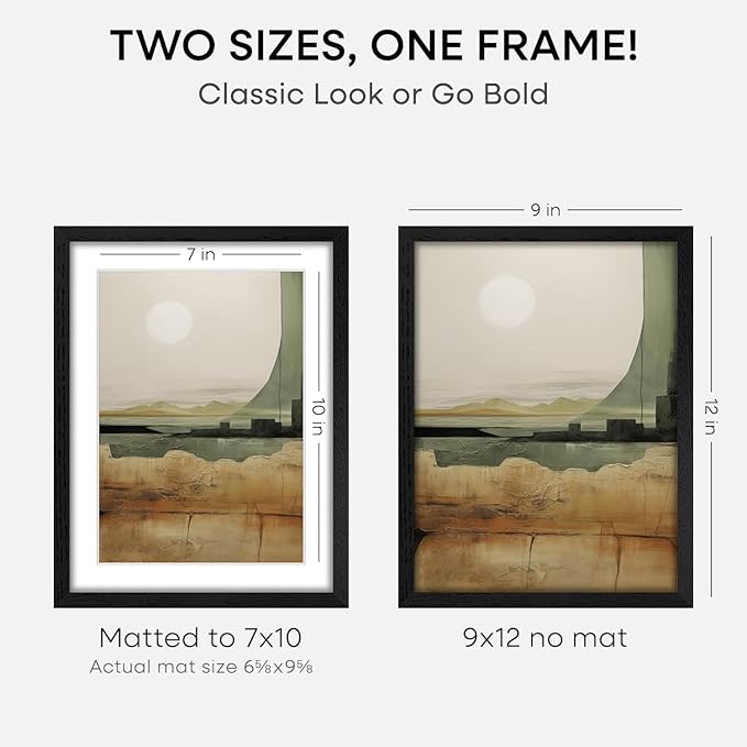 Homeforia 9x12 Black Wood Picture Frame, High End Oak 9 x 12 Frames with Mat 7 by 10 Art, 9by12 Black Wooden Frame Matted to 7x10 inch Photo, Wall or Tabletop Frame, Tempered Glass, Wall Kit, Set of 2