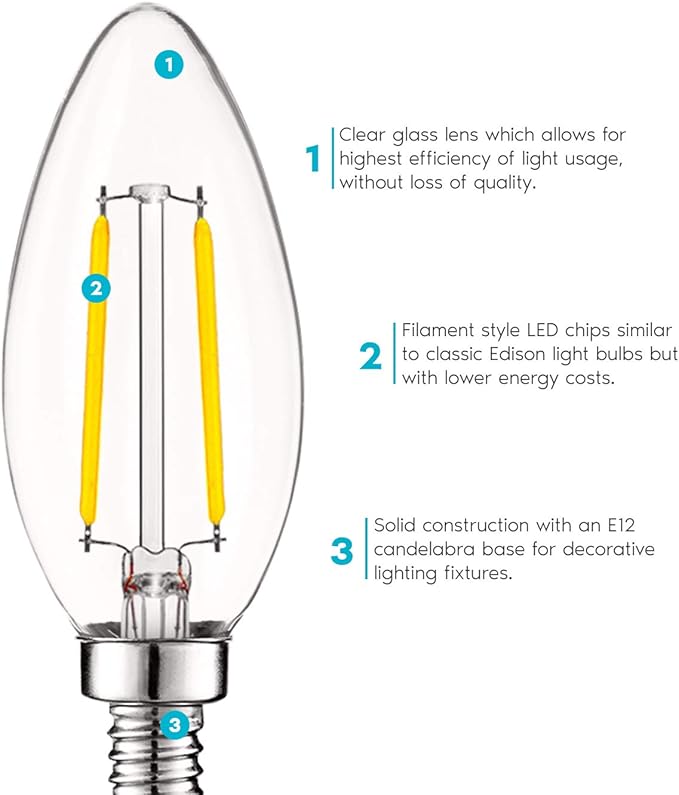 LUXRITE 4W Vintage Candelabra LED Bulbs Dimmable, 400 Lumens, 4000K Cool White, LED Chandelier Light Bulbs 40W Equivalent, Clear Glass, Filament Candle Bulb, UL Listed, E12 Base (16 Pack)